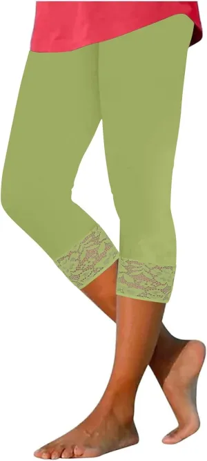 Capri Yoga Pants for Women Lace Trim 3/4 Length Cropped Leggings High Waist Stretch Workout Lounge Tights