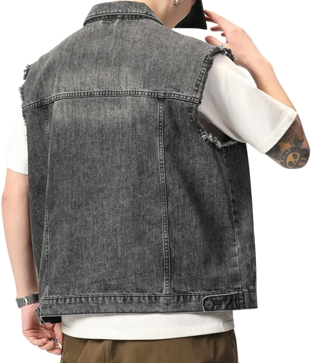 Cekaso Men's Denim Vest Sleeveless Jacket Punk Rock Jean Vest Casual Outerwear Vests with Rivets