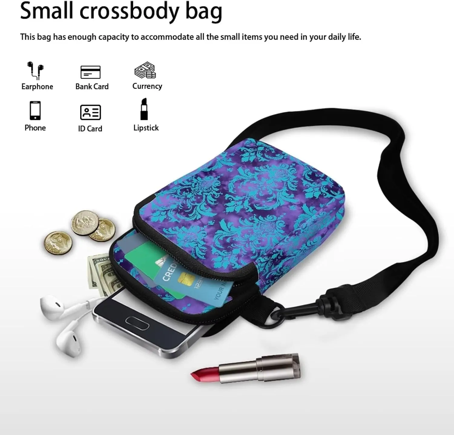 Cell Phone Purse Wallet for Women Damask Print Shoulder Bag, Zipper Travel Purse Passport Wallet Mini Messenger Bag