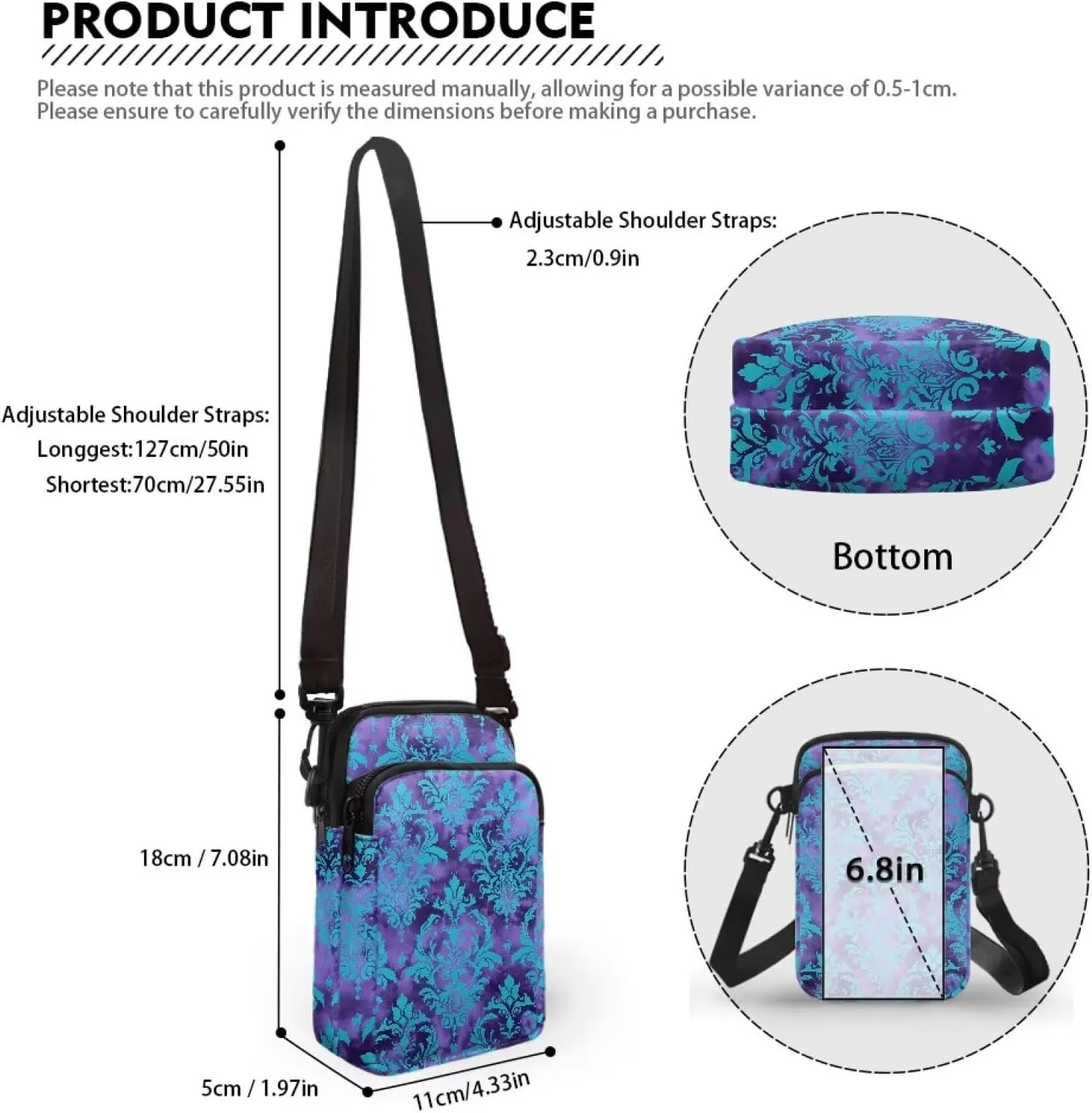 Cell Phone Purse Wallet for Women Damask Print Shoulder Bag, Zipper Travel Purse Passport Wallet Mini Messenger Bag