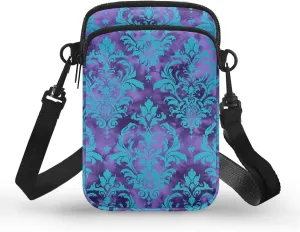 Cell Phone Purse Wallet for Women Damask Print Shoulder Bag, Zipper Travel Purse Passport Wallet Mini Messenger Bag