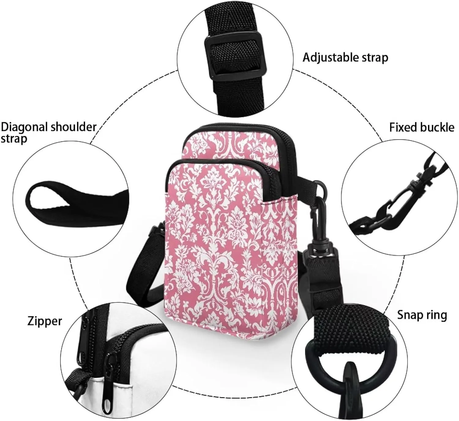 Cell Phone Purse Wallet for Women Damask Print Shoulder Bag, Zipper Travel Purse Passport Wallet Mini Messenger Bag