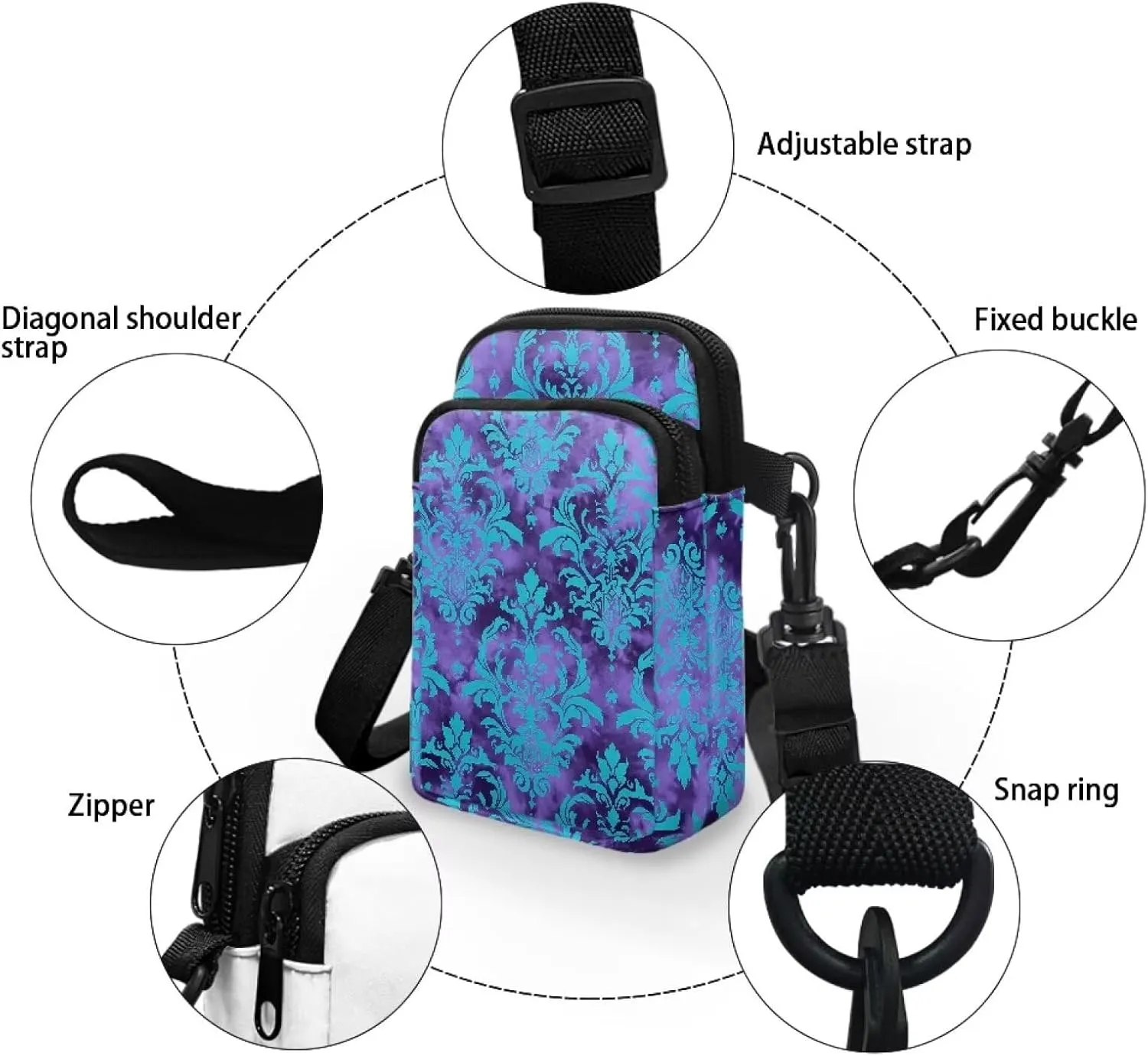 Cell Phone Purse Wallet for Women Damask Print Shoulder Bag, Zipper Travel Purse Passport Wallet Mini Messenger Bag