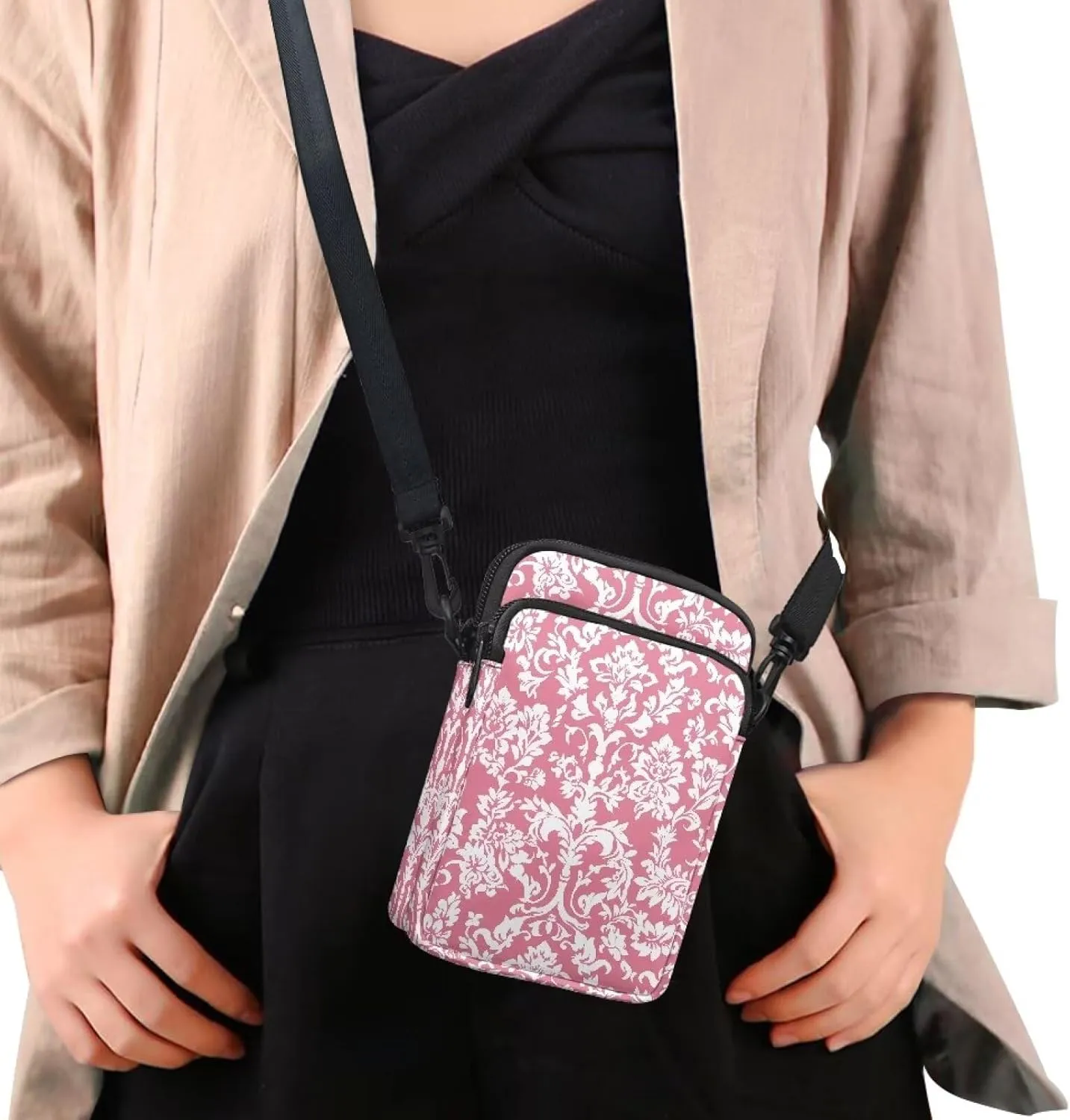 Cell Phone Purse Wallet for Women Damask Print Shoulder Bag, Zipper Travel Purse Passport Wallet Mini Messenger Bag