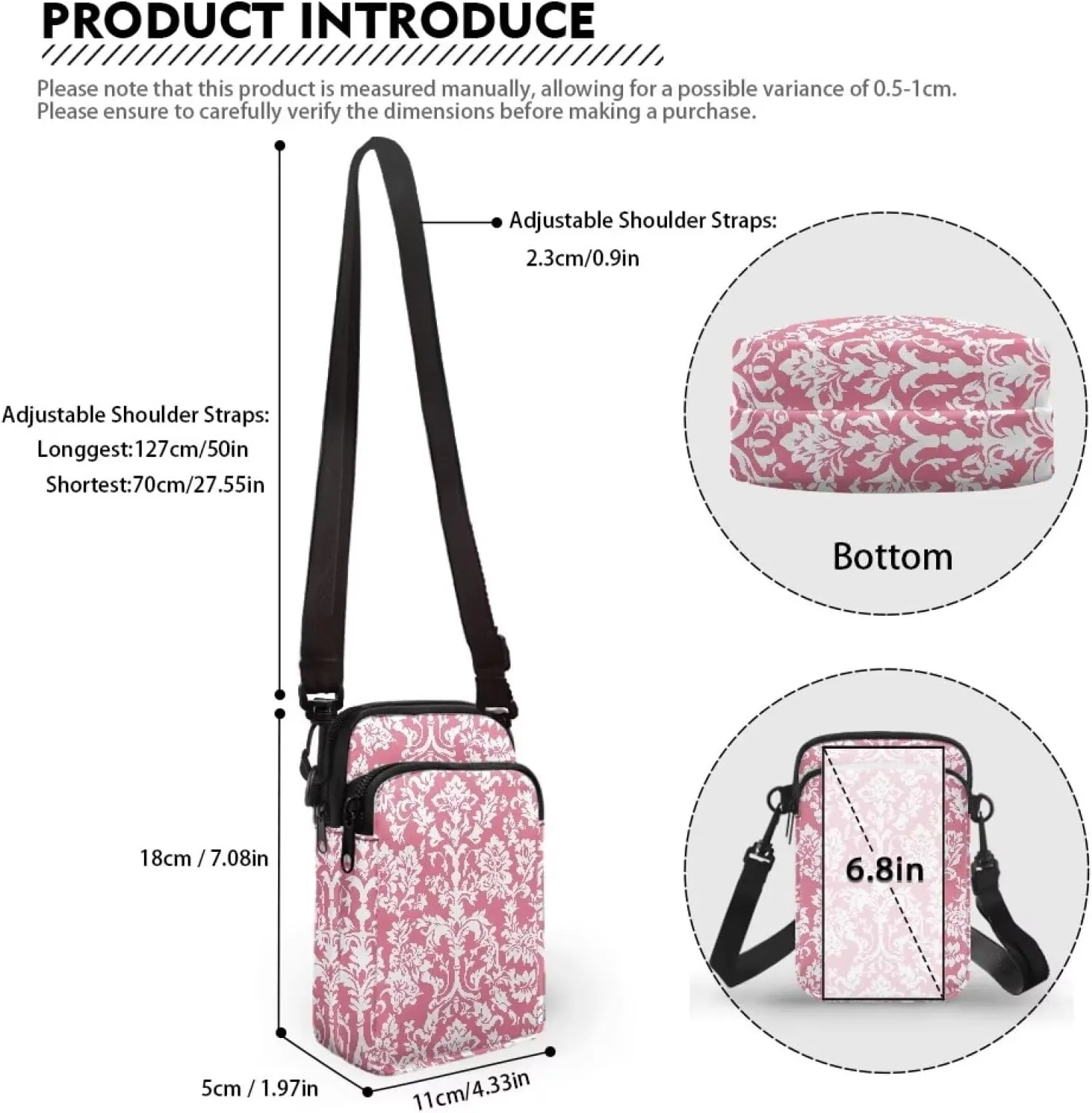 Cell Phone Purse Wallet for Women Damask Print Shoulder Bag, Zipper Travel Purse Passport Wallet Mini Messenger Bag