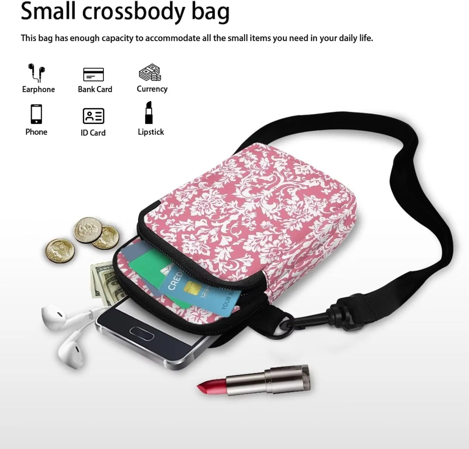 Cell Phone Purse Wallet for Women Damask Print Shoulder Bag, Zipper Travel Purse Passport Wallet Mini Messenger Bag
