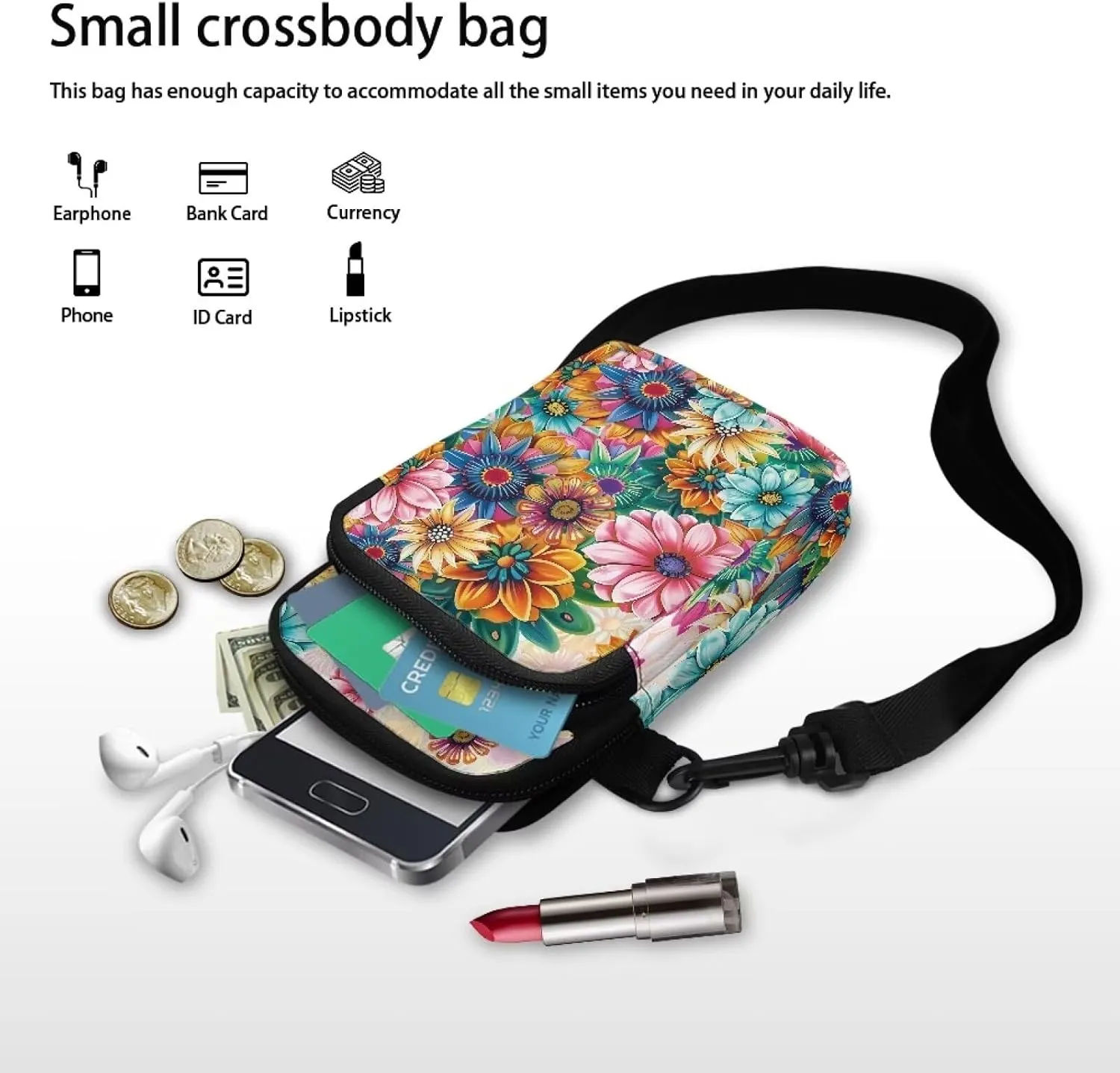 Cell Phone Purse Wallet for Women Damask Print Shoulder Bag, Zipper Travel Purse Passport Wallet Mini Messenger Bag
