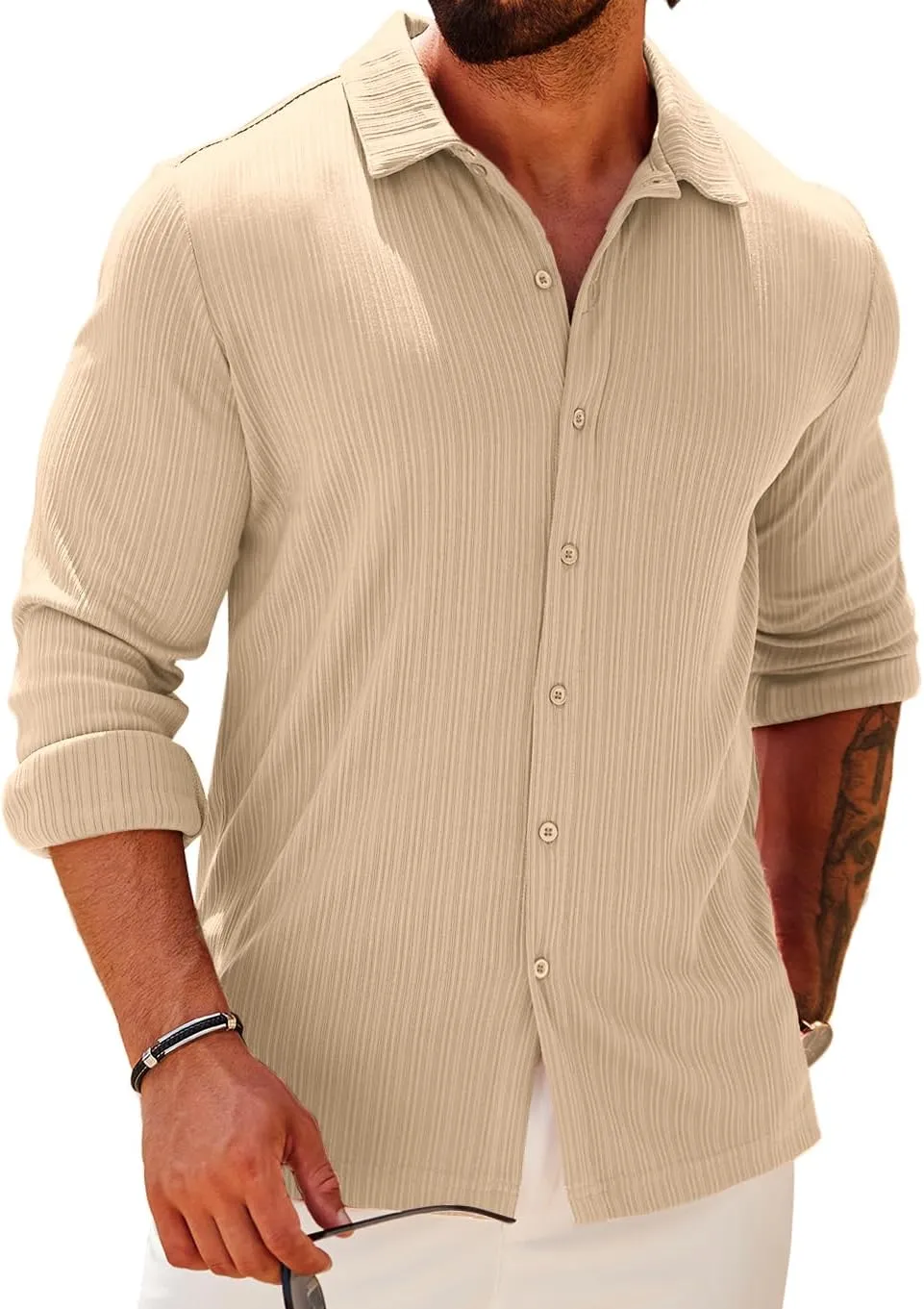 COOFANDY Athletic Fit Dress Shirts for Men Ribbed Knit Textured Button Down Shirts
