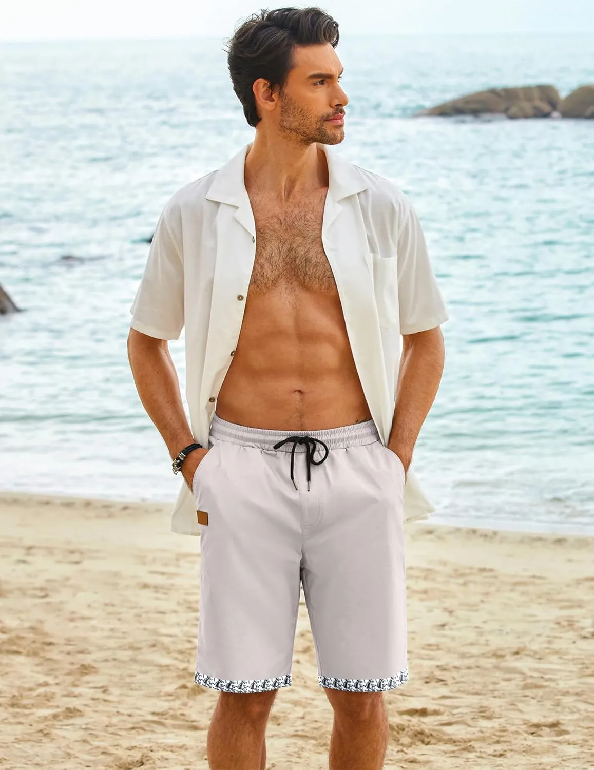 COOFANDY Mens Casual Shorts Cotton Elastic Waist Drawstring Shorts Lightweight Summer Beach Shorts