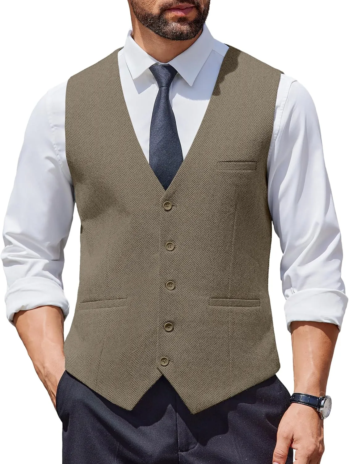 COOFANDY Men's Herringbone Tweed Suit Vests Slim Fit Waistcoat Casual Business Dress Vest