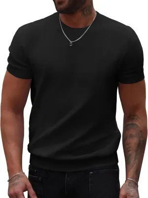 COOFANDY Mens Knit T-Shirts Summer Waffle Shirts Vintage Shirts Short Sleeve Crew Neck Tee Shirt Casual Crochet Top
