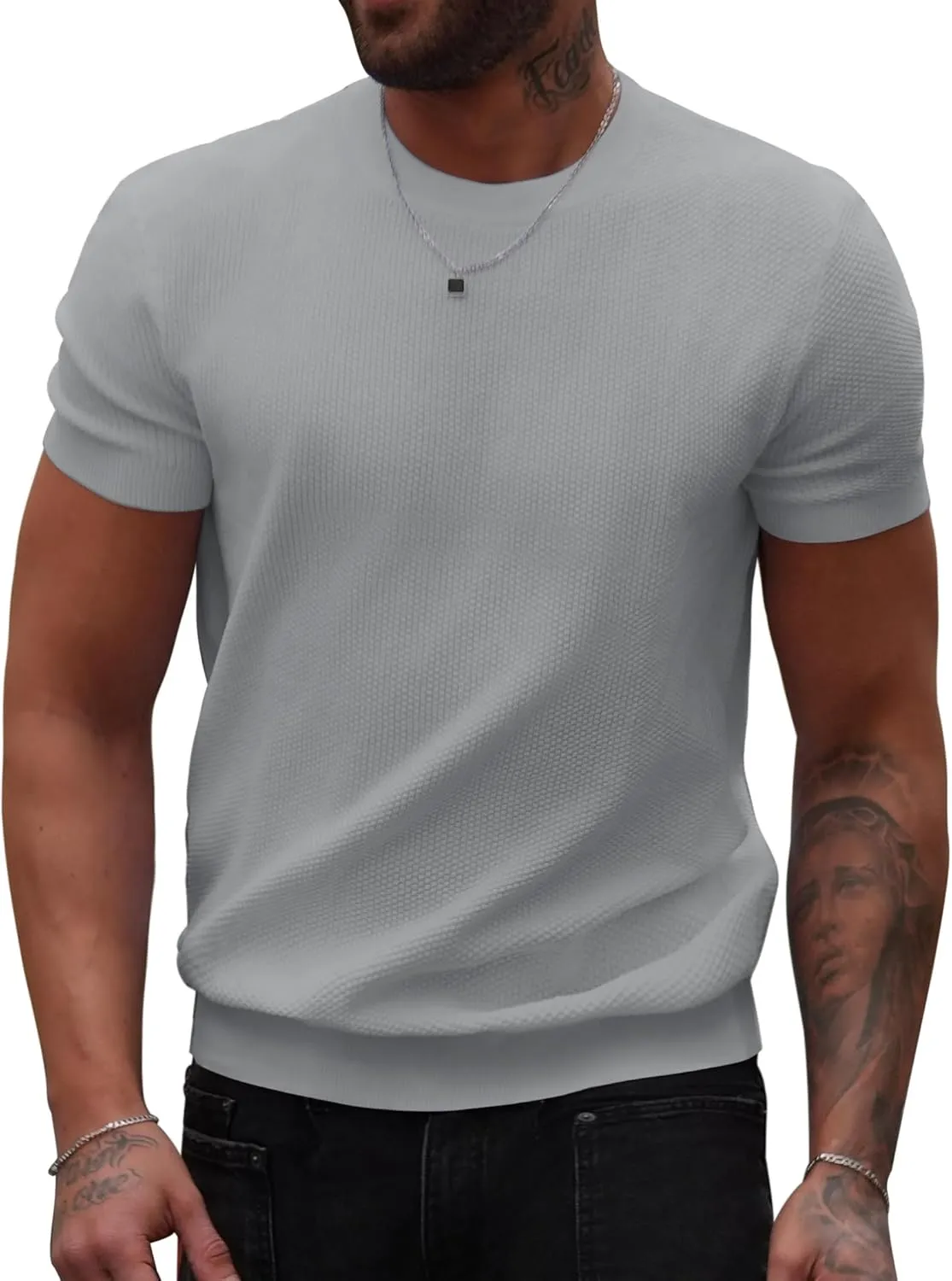 COOFANDY Mens Knit T-Shirts Summer Waffle Shirts Vintage Shirts Short Sleeve Crew Neck Tee Shirt Casual Crochet Top