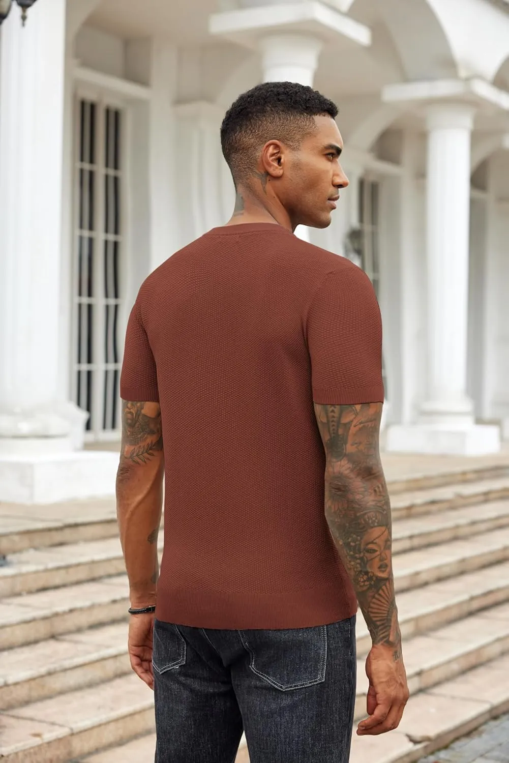 COOFANDY Mens Knit T-Shirts Summer Waffle Shirts Vintage Shirts Short Sleeve Crew Neck Tee Shirt Casual Crochet Top