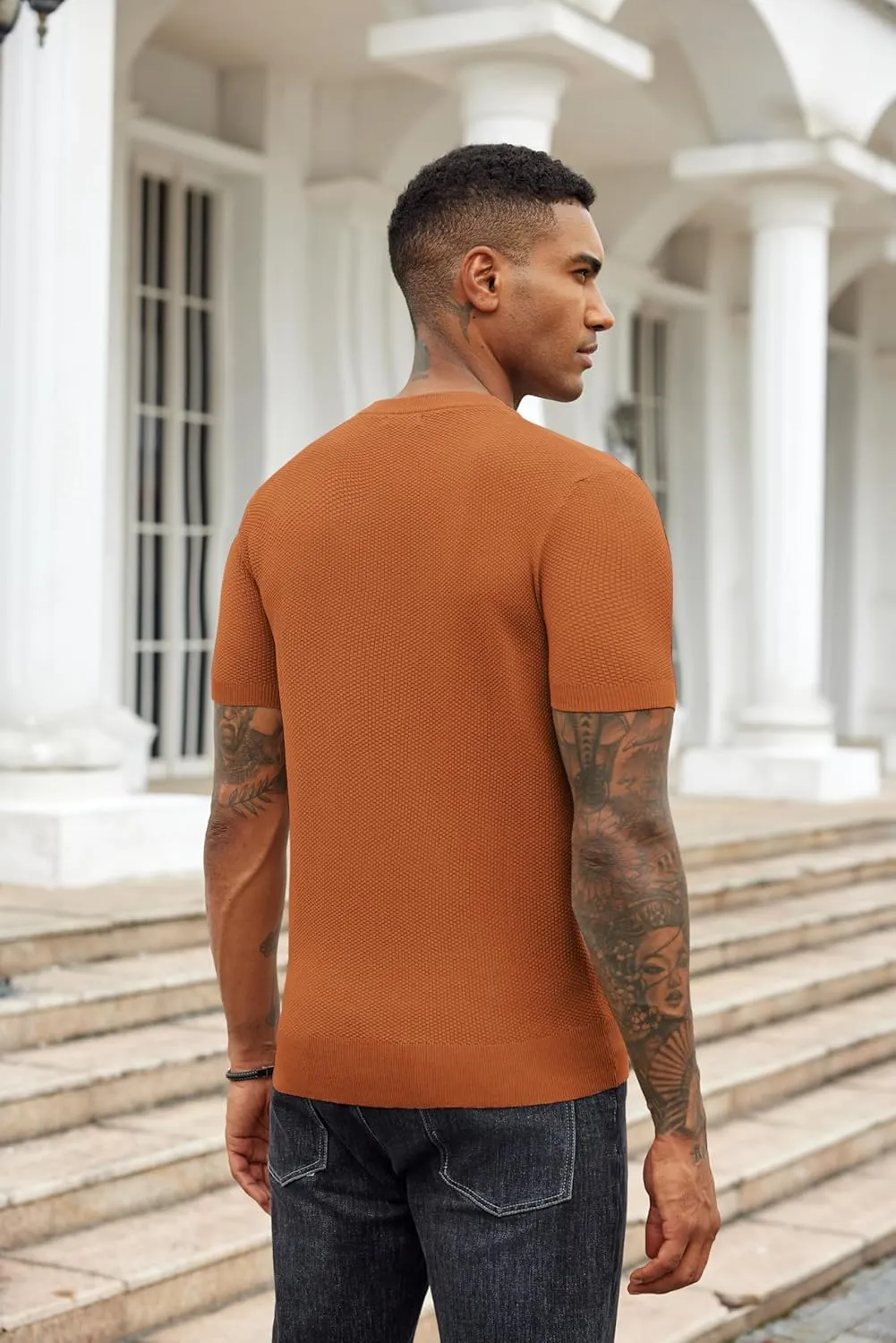 COOFANDY Mens Knit T-Shirts Summer Waffle Shirts Vintage Shirts Short Sleeve Crew Neck Tee Shirt Casual Crochet Top