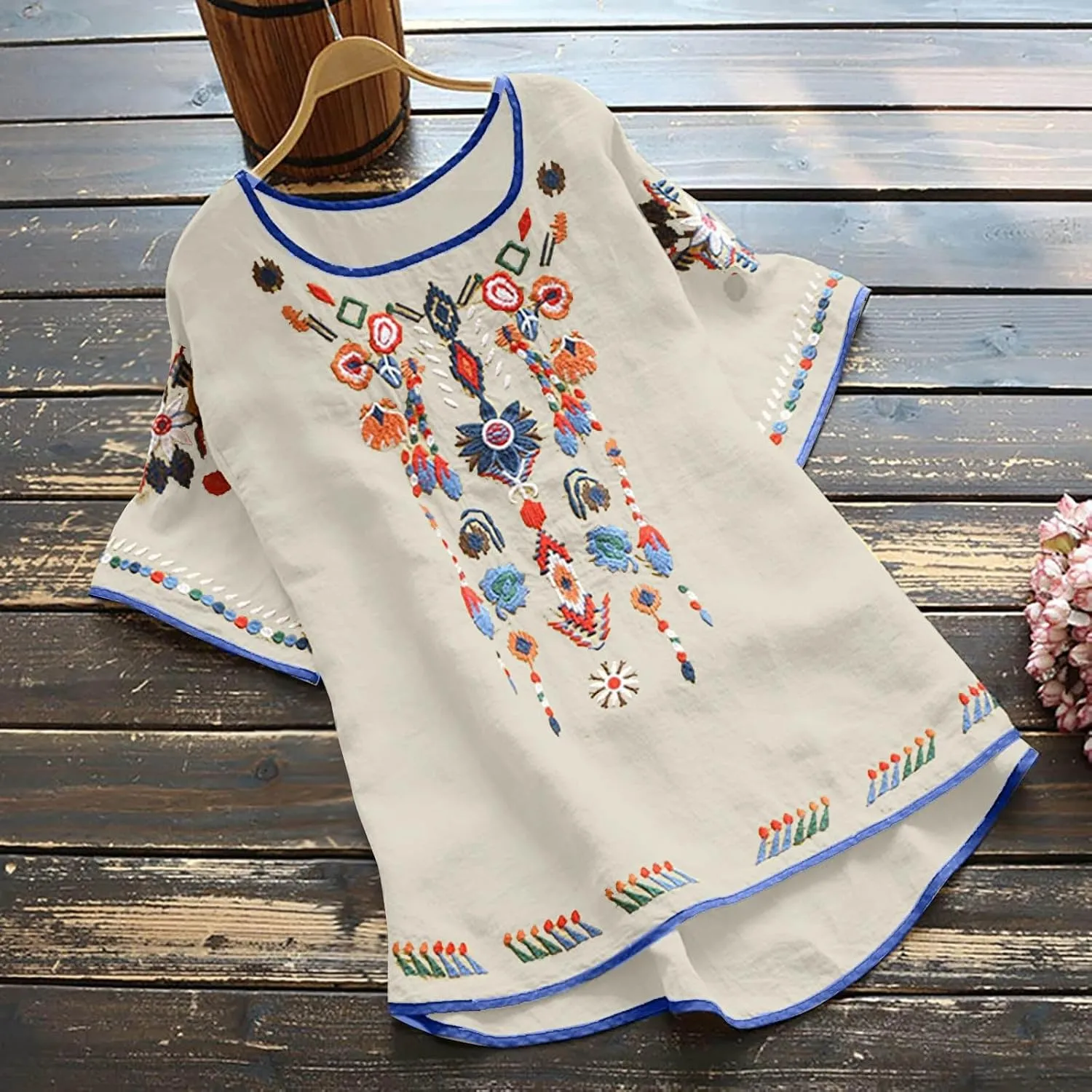 Cotton Linen Tops for Women 2024 Summer Boho Embroidered Mexican Blouse Plus Size Casual Crewneck Tee Shirts Tunics