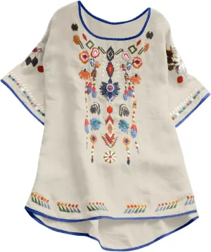Cotton Linen Tops for Women 2024 Summer Boho Embroidered Mexican Blouse Plus Size Casual Crewneck Tee Shirts Tunics
