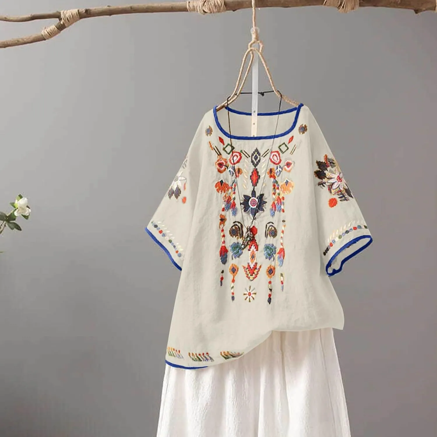 Cotton Linen Tops for Women 2024 Summer Boho Embroidered Mexican Blouse Plus Size Casual Crewneck Tee Shirts Tunics