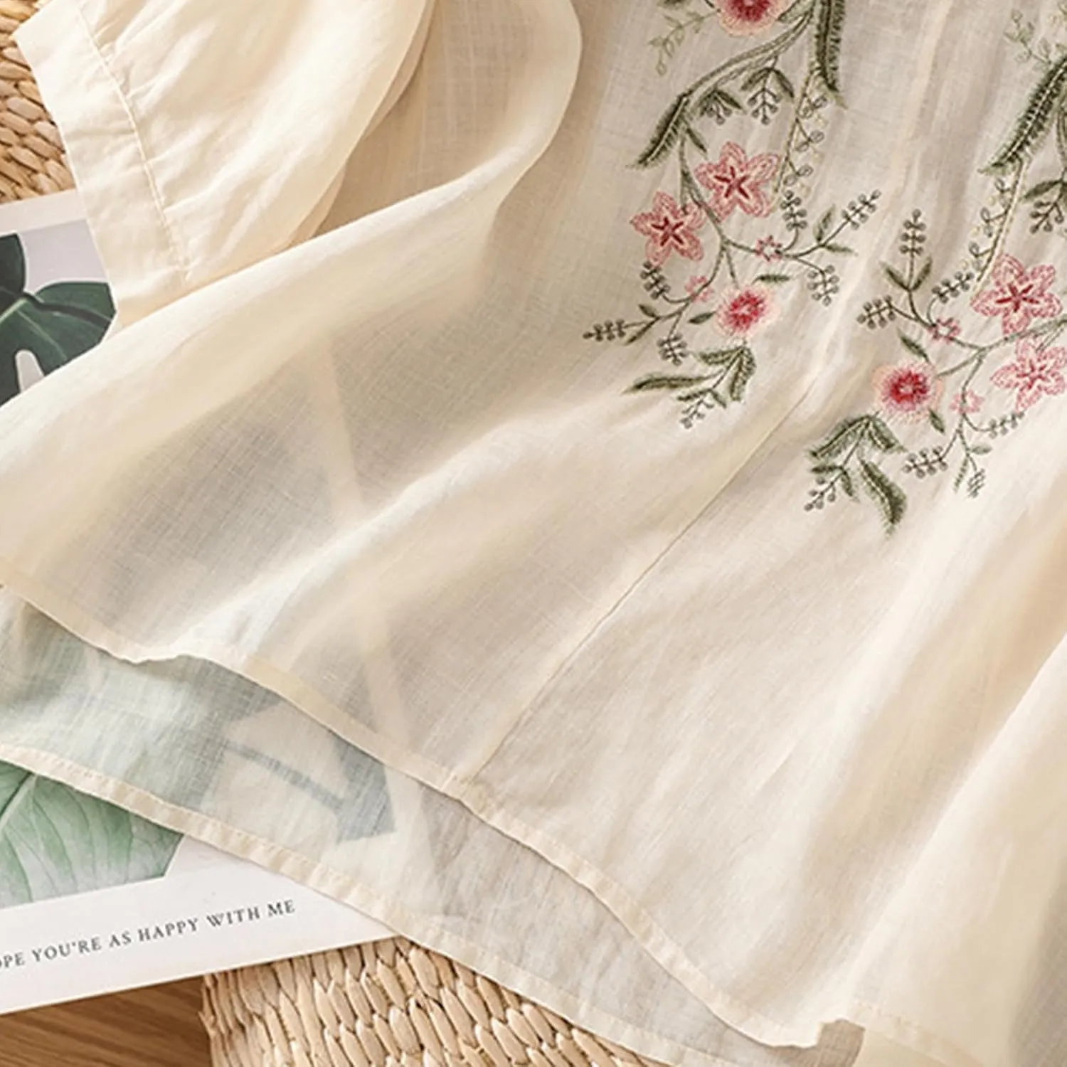Cotton Linen Tops for Women 2025 Summer Boho Embroidered Mexican Blouse Casual Crewneck Oversized Tee Shirts Tunics