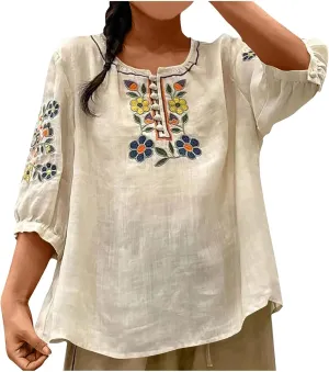 Cotton Linen Tops for Women 2025 Summer Boho Embroidered Mexican Blouse Casual Crewneck Oversized Tee Shirts Tunics