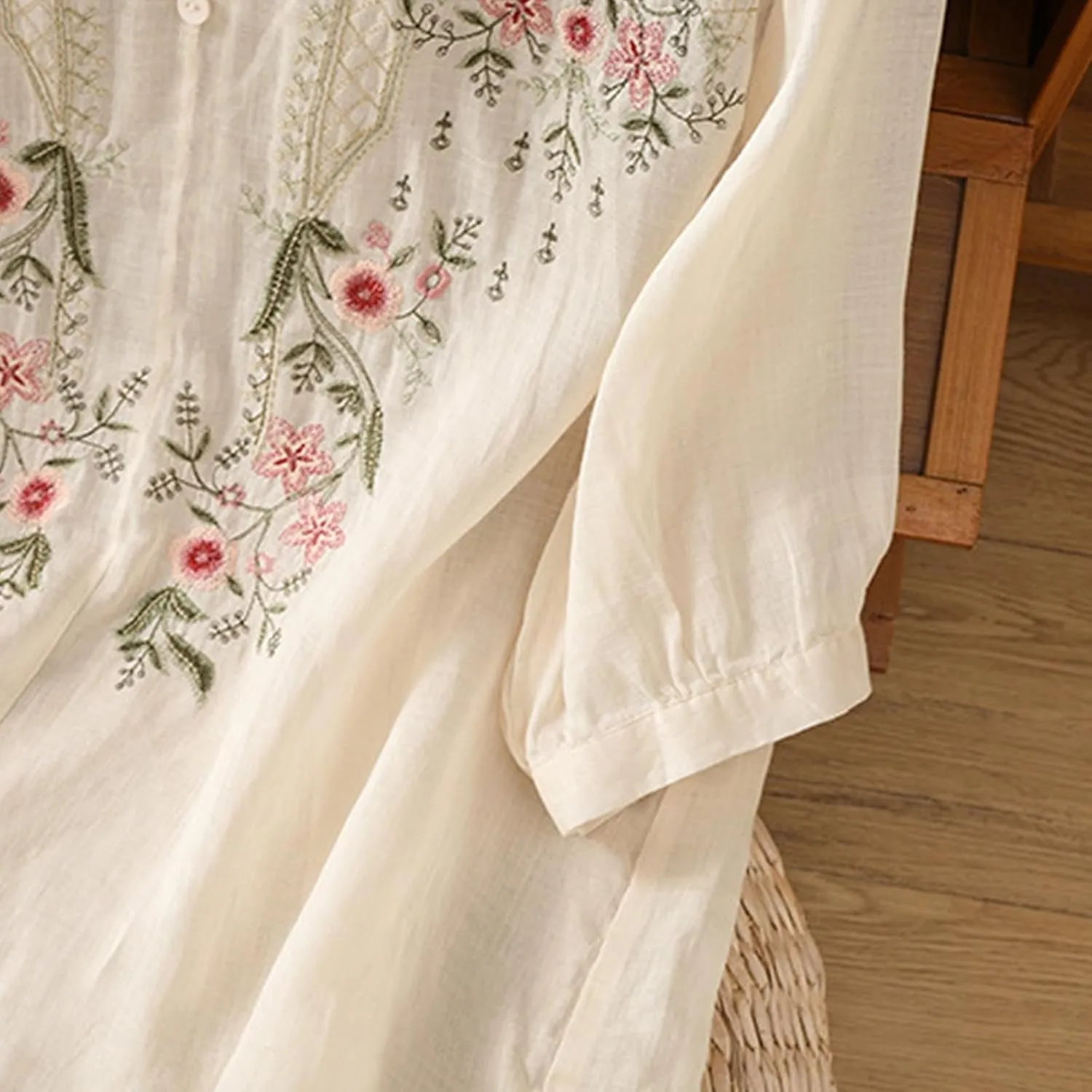 Cotton Linen Tops for Women 2025 Summer Boho Embroidered Mexican Blouse Casual Crewneck Oversized Tee Shirts Tunics
