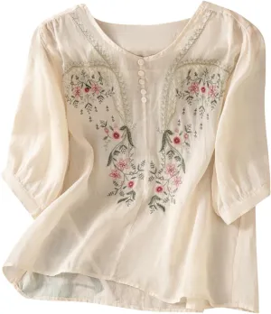 Cotton Linen Tops for Women 2025 Summer Boho Embroidered Mexican Blouse Casual Crewneck Oversized Tee Shirts Tunics
