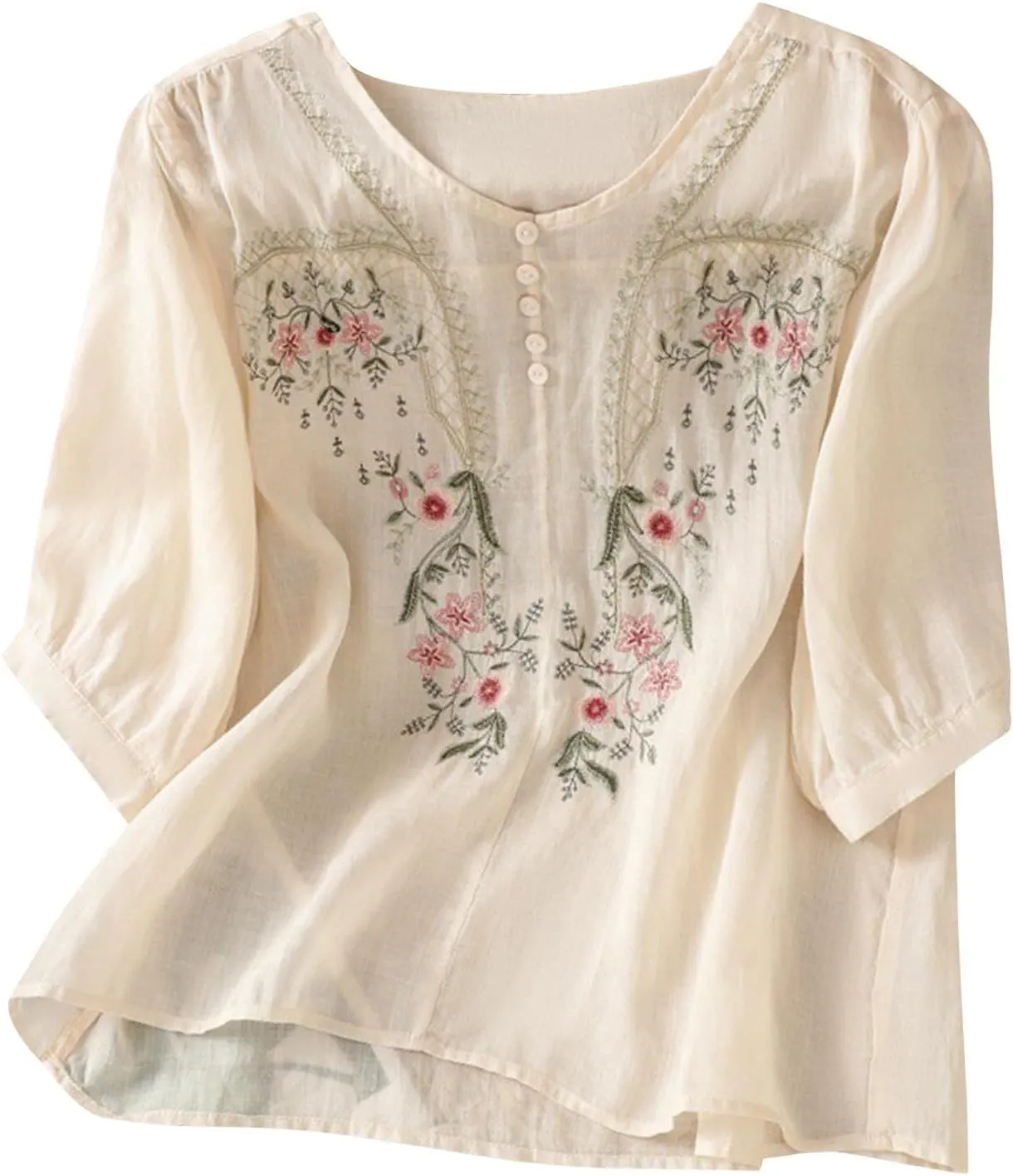 Cotton Linen Tops for Women 2025 Summer Boho Embroidered Mexican Blouse Casual Crewneck Oversized Tee Shirts Tunics