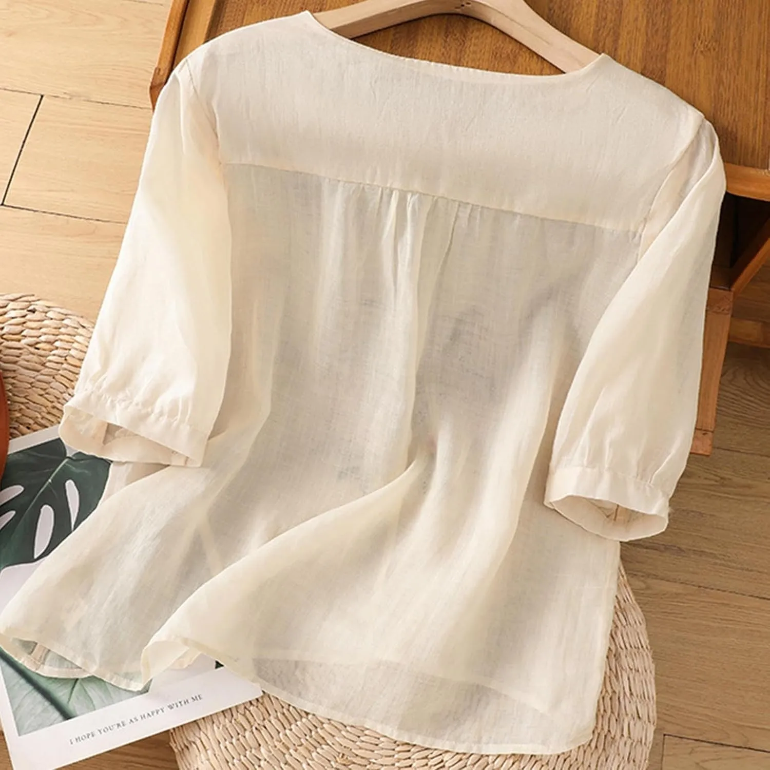 Cotton Linen Tops for Women 2025 Summer Boho Embroidered Mexican Blouse Casual Crewneck Oversized Tee Shirts Tunics
