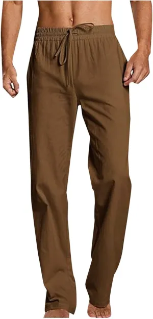 Cotton Linen Trousers for Men Trendy Elastic Drawstring Waist Pants Solid Casual Pant Summer Beach Vacation Clothing