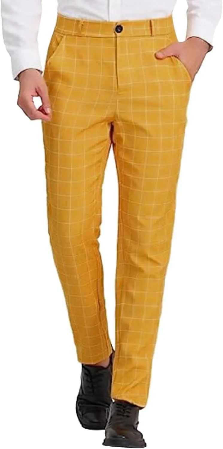 CRNTCEM Men's Plaid Suit Pants Chinos Skinny Work Business Trouser Straight Wedding Flat Front Formal Dress Check Trousers