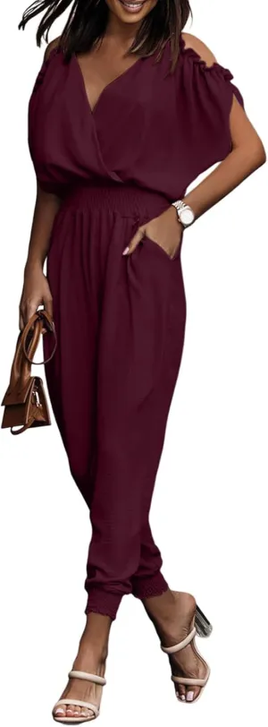 Dokotoo Jumpsuit for Womens Dressy Casual 2025 One Piece Romper Cold Shoulder Outfits for Summer