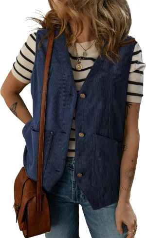 Dokotoo Womens Corduroy Vests Outerwear 2025 Button-Down Lightweight Waistcoat Sleeveless Jacket Casual Vest