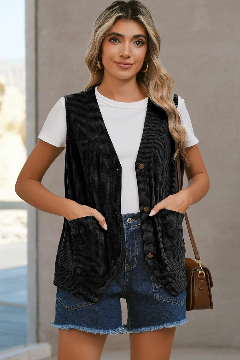 Dokotoo Womens Corduroy Vests Outerwear 2025 Button-Down Lightweight Waistcoat Sleeveless Jacket Casual Vest