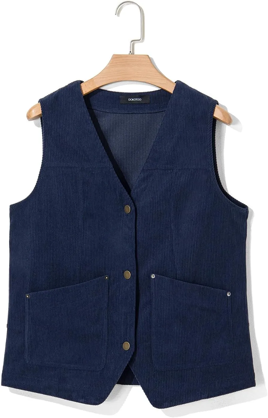 Dokotoo Womens Corduroy Vests Outerwear 2025 Button-Down Lightweight Waistcoat Sleeveless Jacket Casual Vest