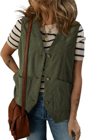 Dokotoo Womens Corduroy Vests Outerwear 2025 Button-Down Lightweight Waistcoat Sleeveless Jacket Casual Vest