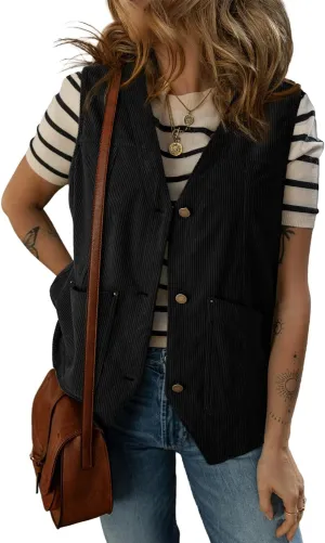 Dokotoo Womens Corduroy Vests Outerwear 2025 Button-Down Lightweight Waistcoat Sleeveless Jacket Casual Vest