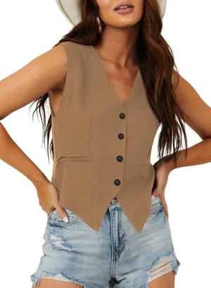 Dokotoo Womens Vest Dressy Casual V-Neck Button-Down Lined Suit Jacket Waistcoat Versatile Vests