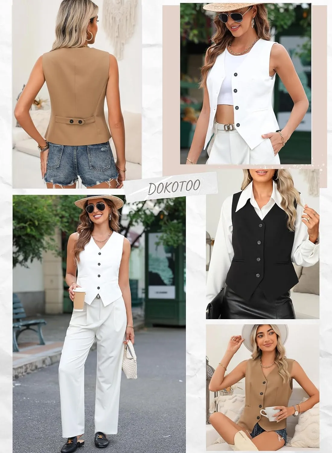 Dokotoo Womens Vest Dressy Casual V-Neck Button-Down Lined Suit Jacket Waistcoat Versatile Vests