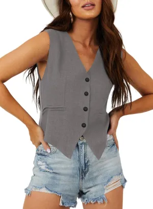 Dokotoo Womens Vest Dressy Casual V-Neck Button-Down Lined Suit Jacket Waistcoat Versatile Vests