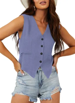 Dokotoo Womens Vest Dressy Casual V-Neck Button-Down Lined Suit Jacket Waistcoat Versatile Vests