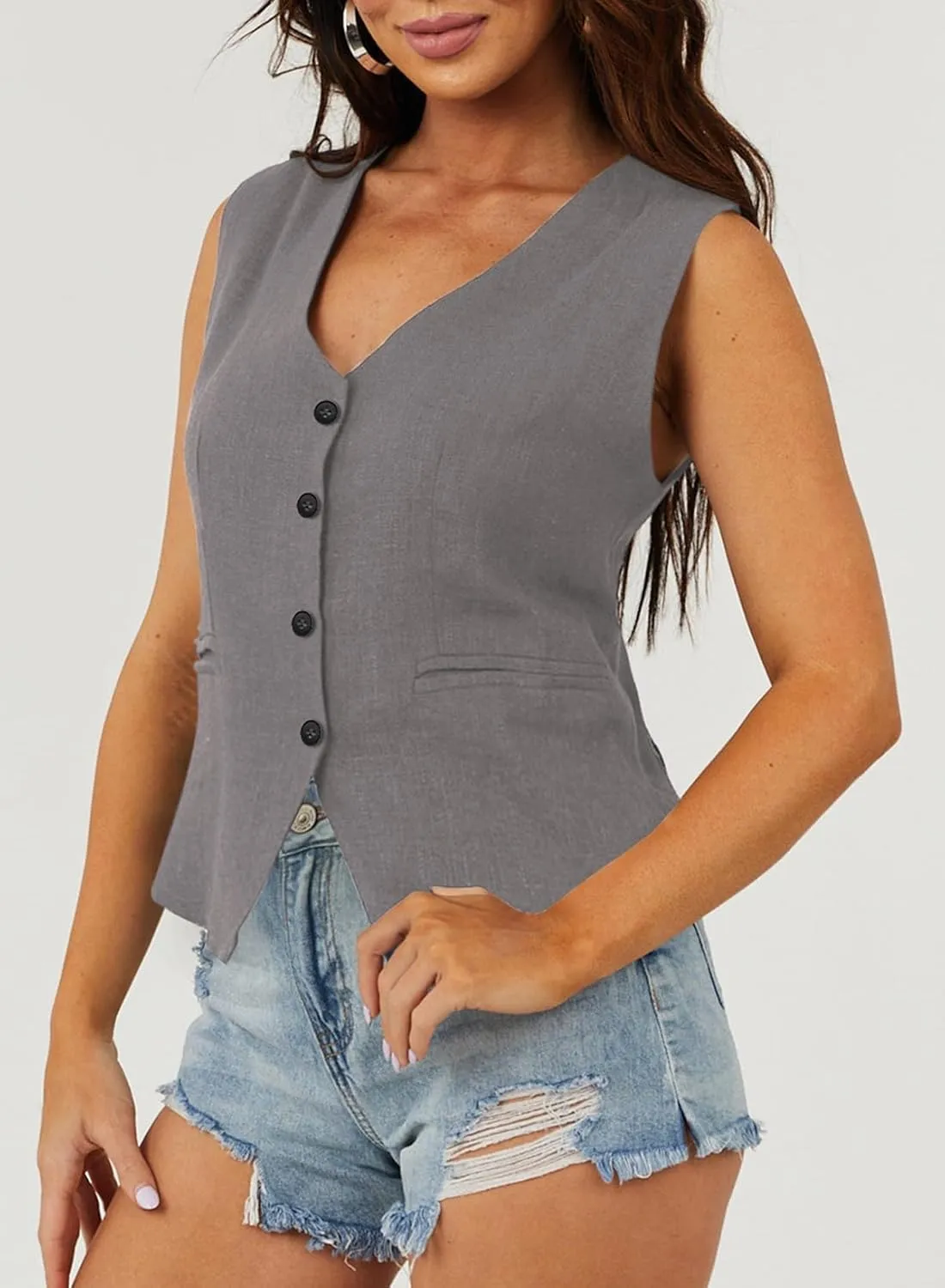 Dokotoo Womens Vest Dressy Casual V-Neck Button-Down Lined Suit Jacket Waistcoat Versatile Vests