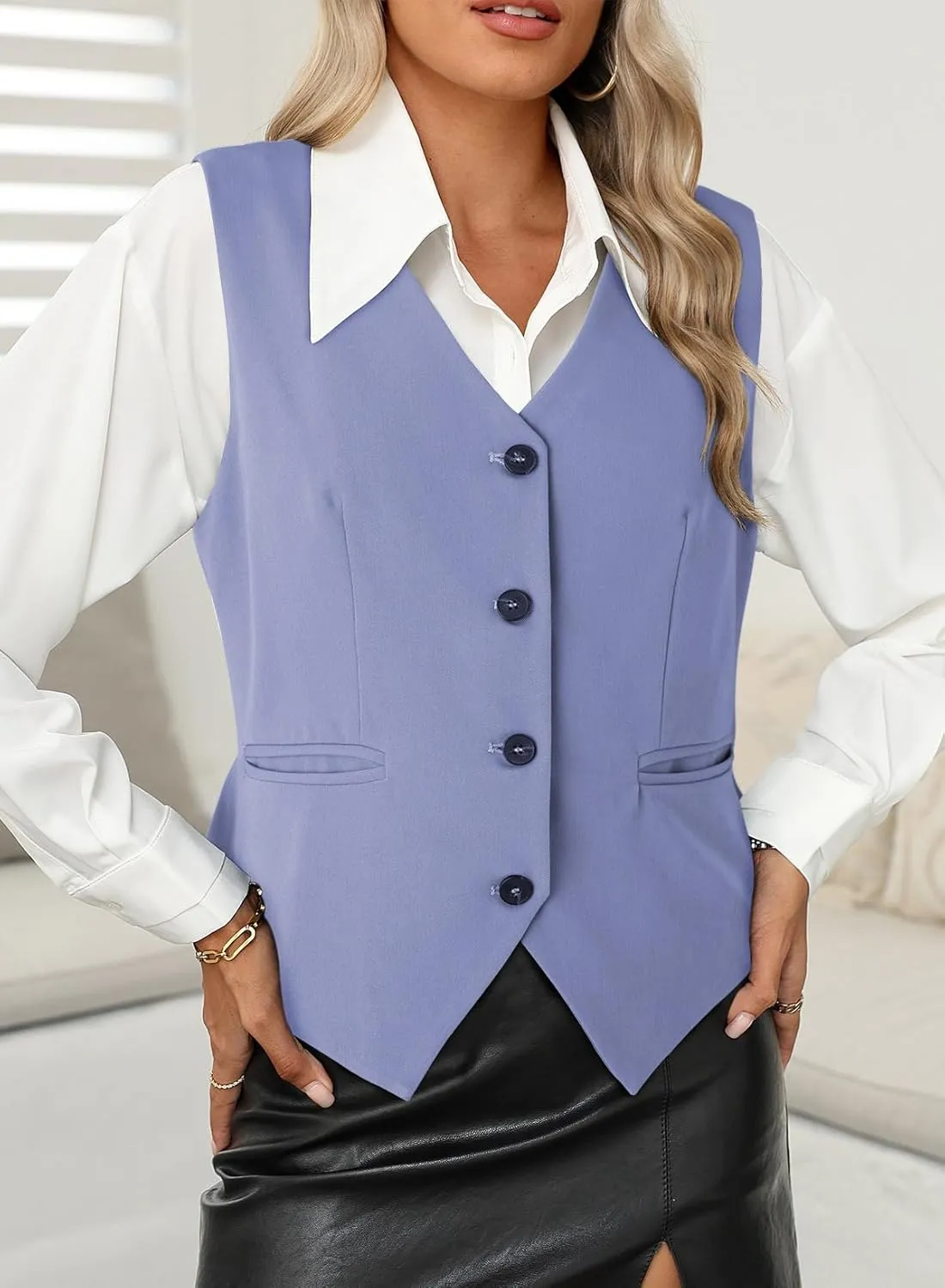 Dokotoo Womens Vest Dressy Casual V-Neck Button-Down Lined Suit Jacket Waistcoat Versatile Vests