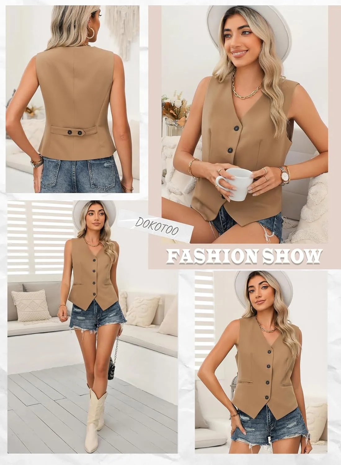 Dokotoo Womens Vest Dressy Casual V-Neck Button-Down Lined Suit Jacket Waistcoat Versatile Vests