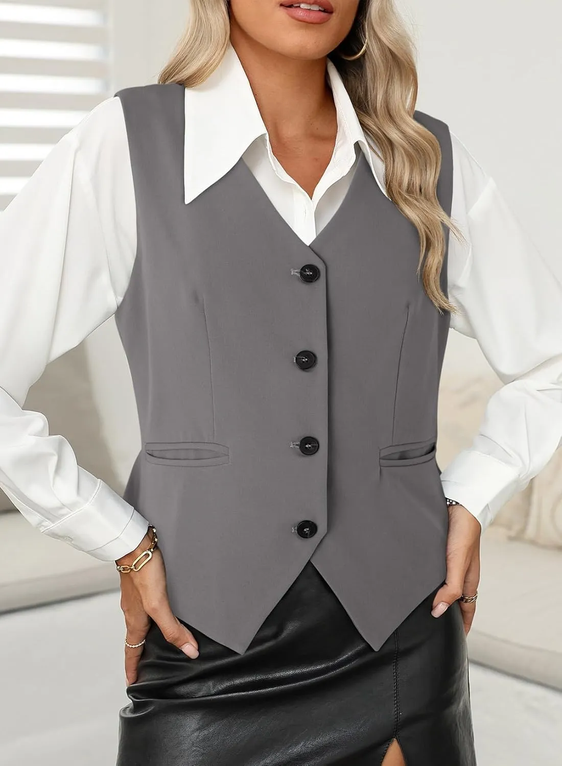 Dokotoo Womens Vest Dressy Casual V-Neck Button-Down Lined Suit Jacket Waistcoat Versatile Vests