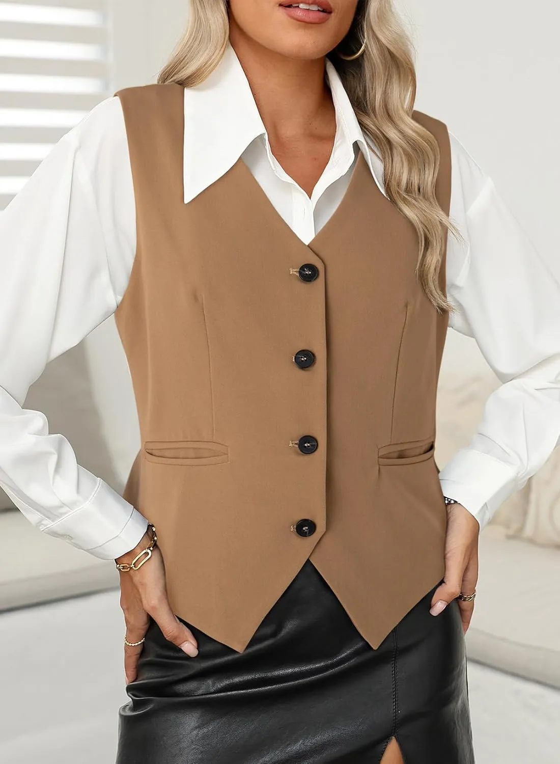 Dokotoo Womens Vest Dressy Casual V-Neck Button-Down Lined Suit Jacket Waistcoat Versatile Vests