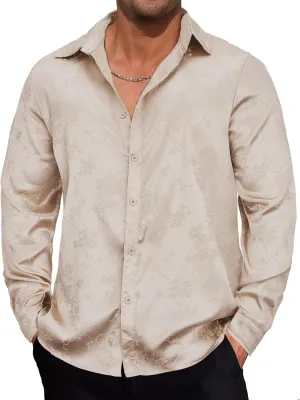 Durio Mens Silk Dress Shirts Jacquard Button Down Shirt Casual Button Up Shirts Long Sleeve Formal Shirts Prom Wedding
