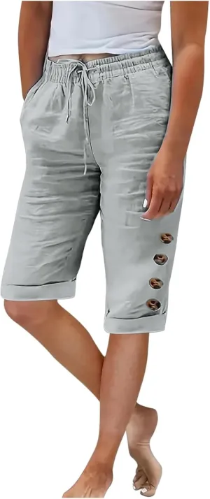 Elastic Waist Linen Shorts Women Knee Length Shorts Button Side Shorts High Waisted Bermuda Shorts with Pockets