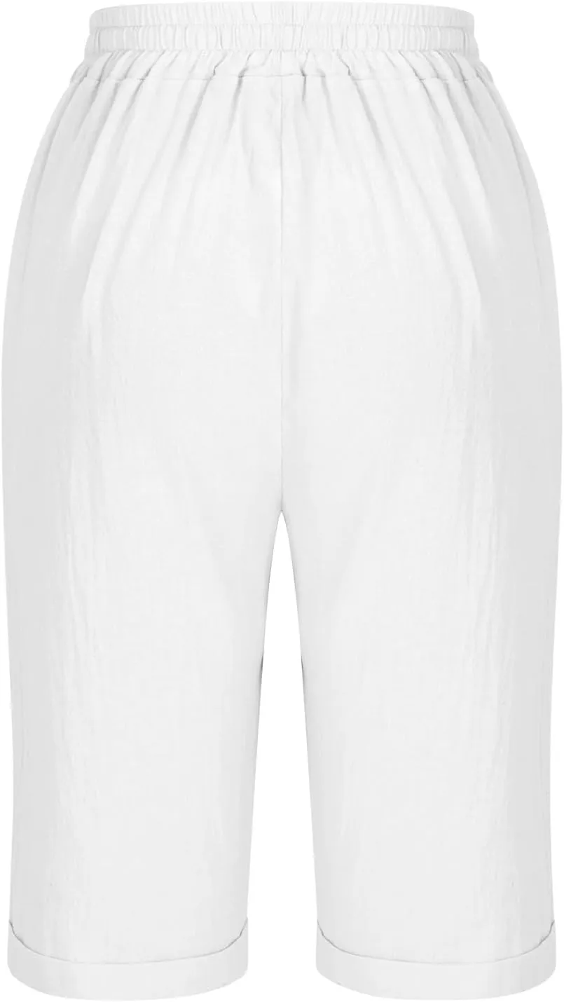 Elastic Waist Linen Shorts Women Knee Length Shorts Button Side Shorts High Waisted Bermuda Shorts with Pockets