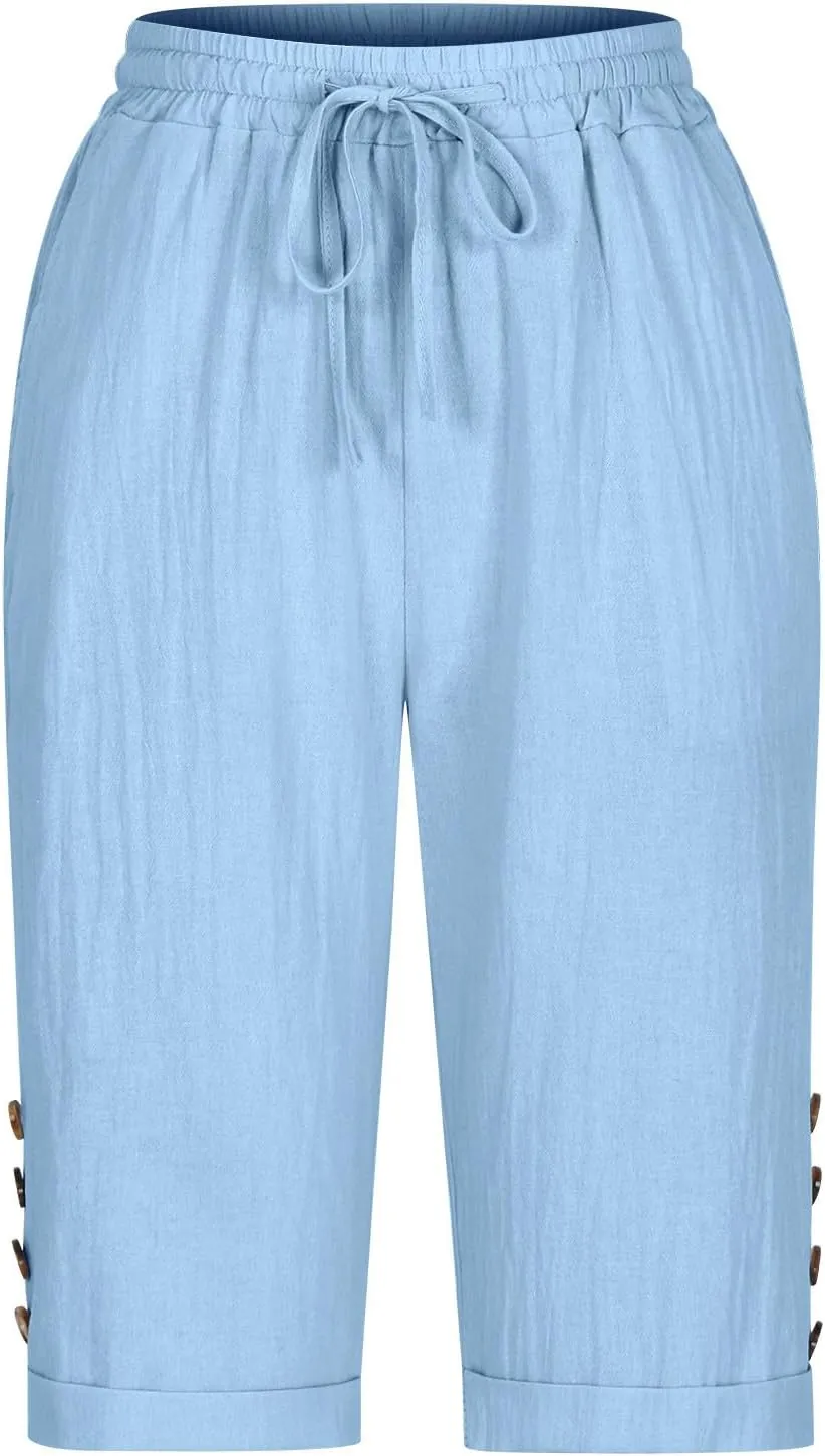 Elastic Waist Linen Shorts Women Knee Length Shorts Button Side Shorts High Waisted Bermuda Shorts with Pockets