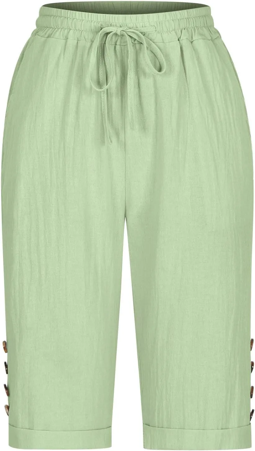 Elastic Waist Linen Shorts Women Knee Length Shorts Button Side Shorts High Waisted Bermuda Shorts with Pockets