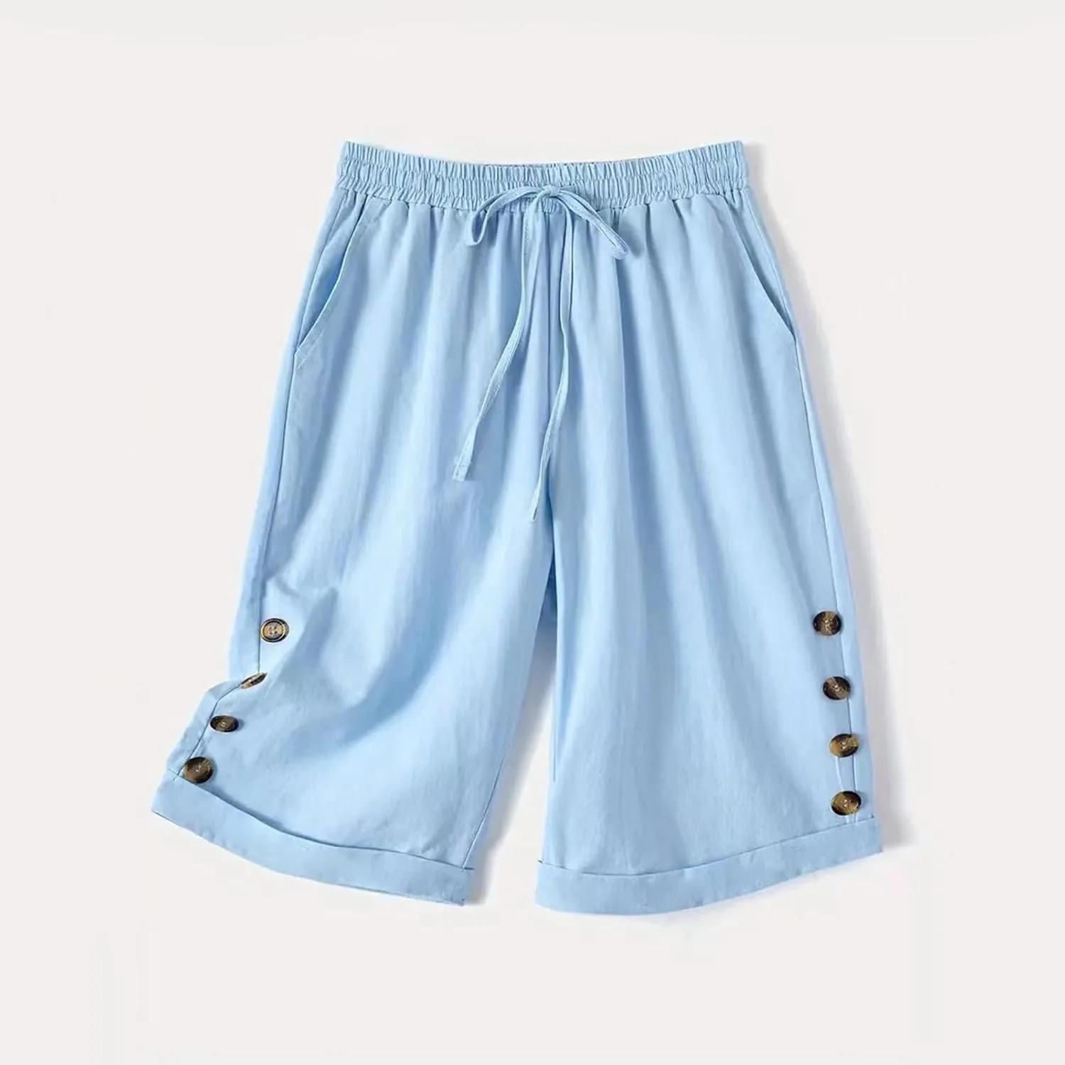 Elastic Waist Linen Shorts Women Knee Length Shorts Button Side Shorts High Waisted Bermuda Shorts with Pockets